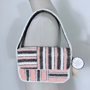New Beaded Shoulder Bag Purse Peach Pink White Stripe Handcrafted India NWT